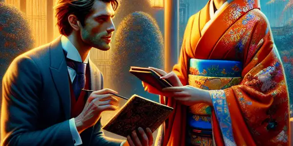 A captivating scene of an Asian woman in a kimono and a European man in a suit, blending cultures amidst cherry blossoms and ornate architecture.