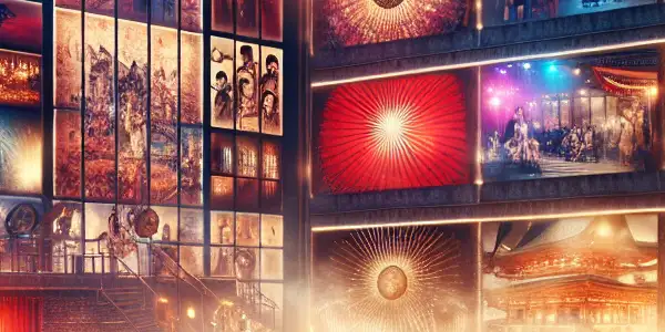 A dynamic digital artwork illustrating the evolution of the adult film industry, contrasting Western and Japanese production environments.