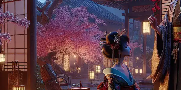 An intimate ancient Japanese courtyard with two elegantly dressed figures amidst cherry blossoms and soft lantern light.