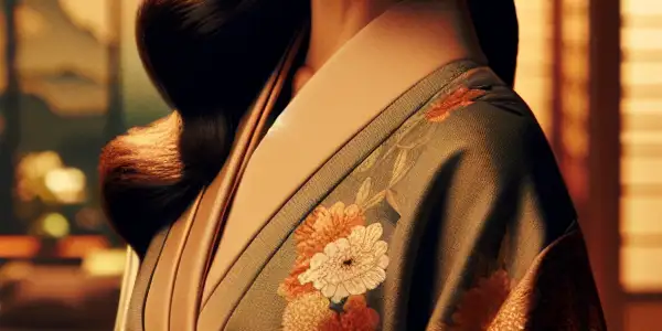A sophisticated woman in a luxurious Japanese room, dressed in a tasteful kimono, exuding confidence and grace.