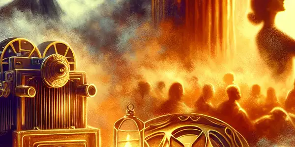 A candle-lit room with a couple in embrace, surrounded by erotic poetry and vintage film projections.