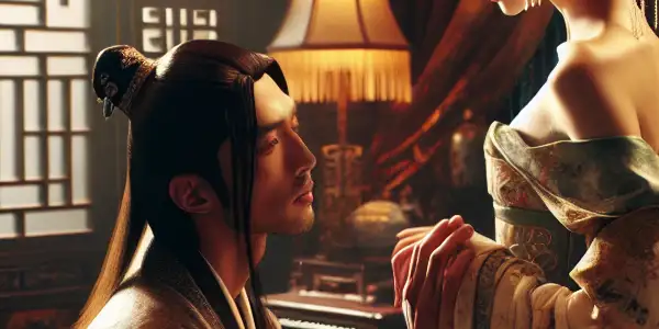 A romantic encounter between two characters in an opulent ancient Chinese setting, evoking allure and intrigue.