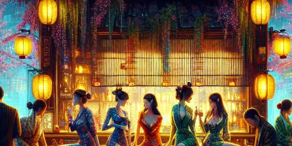 A vibrant Taipei nightlife scene showcasing adult entertainment culture with neon signs, intriguing characters, and a stylish bar ambiance.