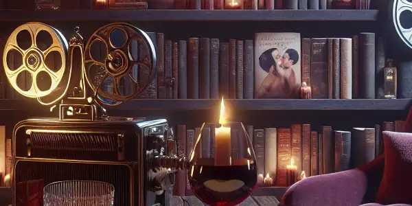 A dimly lit library filled with erotic novels, a vintage projector, and a cozy reading nook.