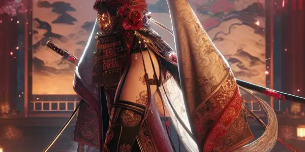 A female warrior in samurai attire stands in an ancient Japanese court, poised between secrecy and identity revelation.