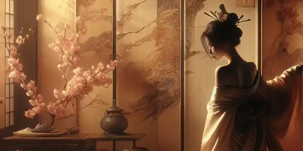 An elegant figure in a traditional Japanese room, surrounded by cherry blossoms and soft lantern light, embodies sensuality and allure.
