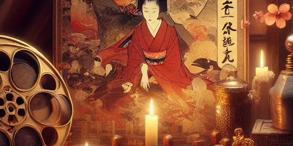 A sophisticated film set inspired by Japanese erotic cinema, featuring vintage decor and a romantic film poster.