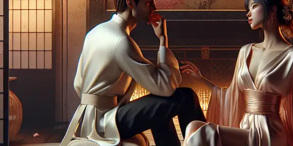 An intimate Japanese setting with diverse characters expressing longing, surrounded by cherry blossoms and soft lighting.