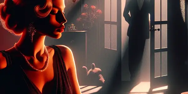 A seductive femme fatale in a dimly-lit room, surrounded by shadows and mysterious props, exuding danger and allure.