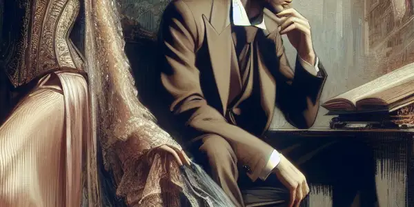 An intimate scene of a woman in a semi-transparent dress and a man in a suit, conveying passion and emotional depth.