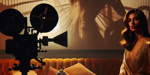 A glamorous actress performs on a retro film set, illuminated by a vintage projector in a seductive atmosphere.