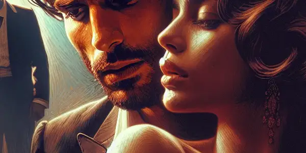 A couple shares an intense gaze in a dimly lit, intimate setting filled with vintage decor and romantic tension.