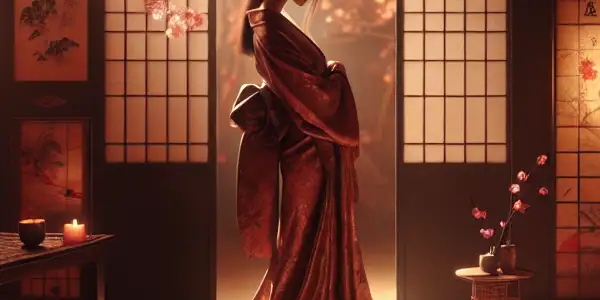 A sensual scene featuring a graceful woman in a silk kimono within a softly lit, intimate Japanese setting.