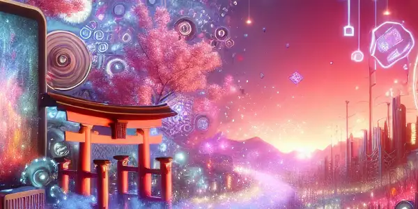 An abstract digital landscape blending Japanese AV motifs with modern technology, illuminated by soft neon lights.