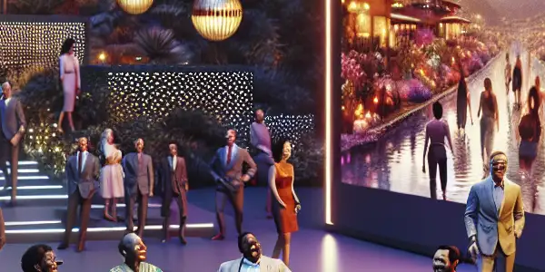 A lively adult-themed reality show scene with diverse participants engaging playfully in a modern living room.<a href=