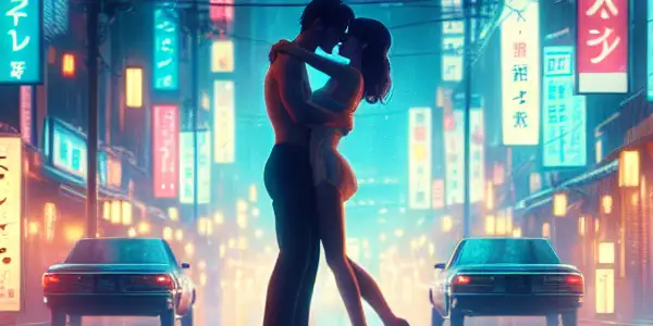 A romantic urban night scene featuring a couple in an intimate moment, illuminated by neon lights.