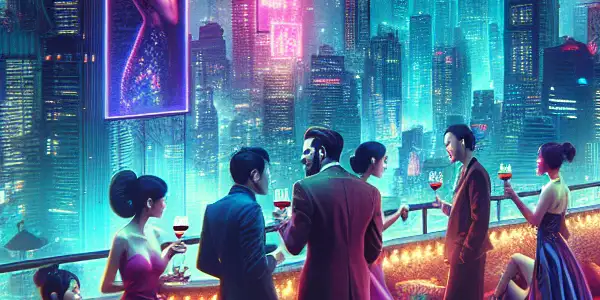 A vibrant urban nightlife scene featuring diverse young adults mingling at a rooftop lounge under neon lights.