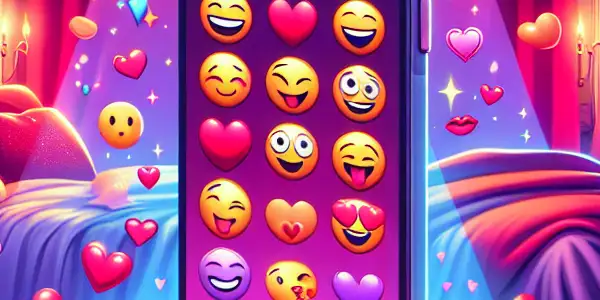 A playful scene featuring a mobile phone with vibrant emojis in a cozy, romantic setting.