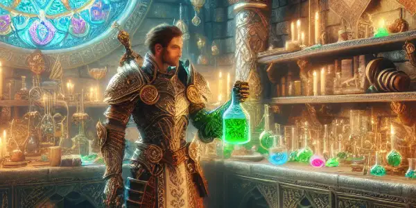 A mystical laboratory filled with glowing potions, ancient artifacts, and a fantasy character interacting with a magical potion.