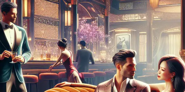A luxurious Macau lounge featuring elegantly dressed individuals, a cocktail bar, and hints of adult entertainment culture.