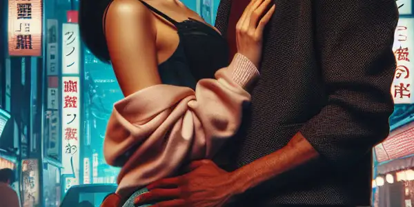 A romantic couple in a vibrant Tokyo nightlife setting, surrounded by neon lights and cherry blossoms.