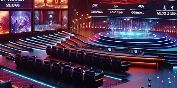 A high-tech entertainment hub for adult films featuring large screens, cozy seating, and a vibrant, immersive atmosphere.