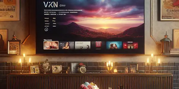 A cozy living room with a large TV, snacks, and a laptop, suggesting a relaxed adult film viewing experience.