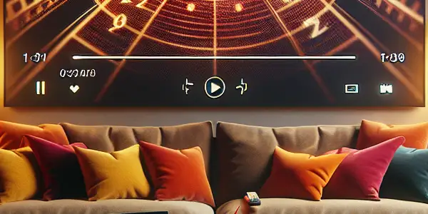 Cozy living room with a large screen, snacks, and film posters, creating a perfect movie-watching atmosphere.