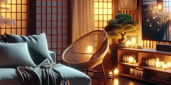 Cozy living room with a TV showing a tasteful Japanese film, popcorn, wine, and candles, promoting relaxation and mindfulness.