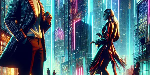 A vibrant urban night scene featuring a stylish couple amidst neon lights and sparkling elements, exuding allure and sophistication.