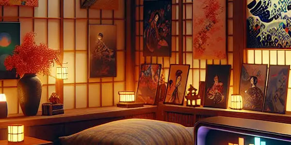 A cozy, dimly lit Japanese room featuring a vintage TV displaying colorful representations of adult film genres.