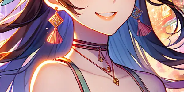 A young woman in stylish attire smiles in a vibrant Tokyo nightlife scene, blending innocence and allure amidst neon lights.