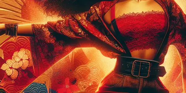 A confident female performer exuding charisma on a vibrant stage, surrounded by elements of Japanese culture.