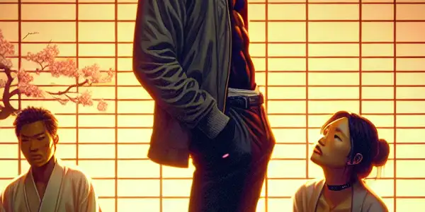 An intimate scene of two characters reflecting power dynamics and moral dilemmas in a traditional Japanese setting.