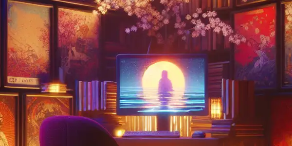 A cozy, dimly-lit virtual room with a glowing screen, Japanese AV posters, and open books depicting erotic stories.