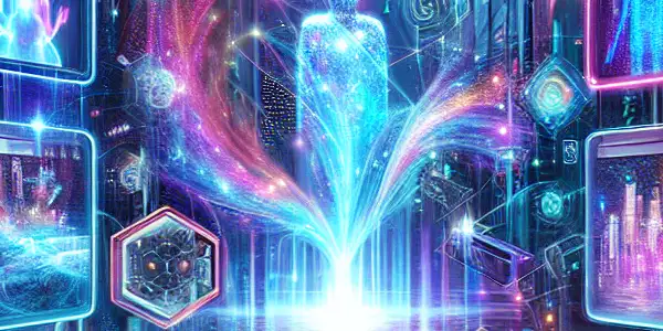 A vibrant cyberpunk digital forum filled with diverse users, holographic screens, and a futuristic cityscape.