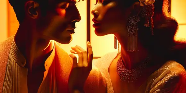 A warm, intimate room with two figures expressing passion and desire, illuminated by soft orange lighting.
