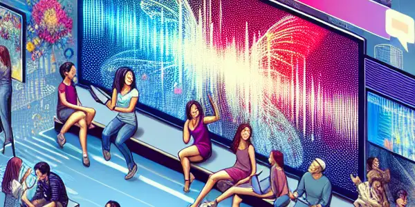 A vibrant virtual space with diverse individuals engaging and sharing tips about adult films and Japanese AV.