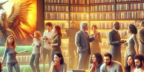 A vibrant lounge scene with diverse individuals discussing erotic shows and films, featuring a dramatic screen and cozy atmosphere.