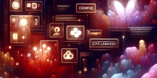 A vibrant digital landscape featuring shadowy figures discussing adult-themed content with glowing screens and floating text bubbles.