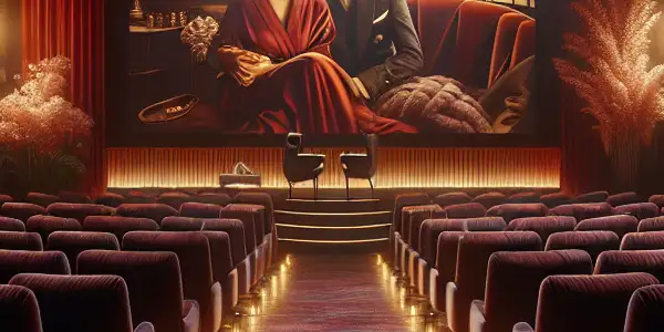 A luxurious cinema setting featuring a couple intrigued by artistic stills from a romantic film.