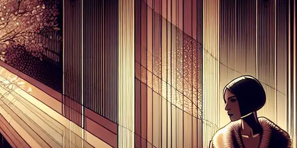 Roxane Mesquida in a vintage outfit, exuding sensuality in a dimly lit French cinema with cinematic elements.