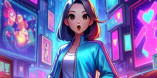 A vibrant urban night scene featuring a customizable character in a neon-lit city, inspired by adult gaming aesthetics.