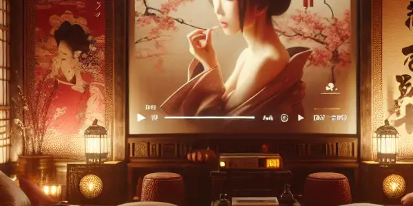 A cozy room with soft lighting, a vintage projector, and elements of Japanese adult cinema.