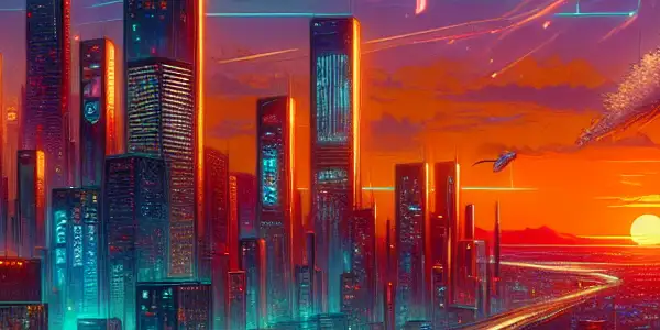 A vibrant digital scene showcasing a futuristic platform for diverse Western and Japanese adult films against a neon city skyline.