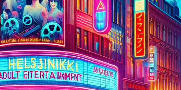 A vibrant Helsinki city scene featuring diverse people enjoying adult entertainment and film culture amidst neon lights.